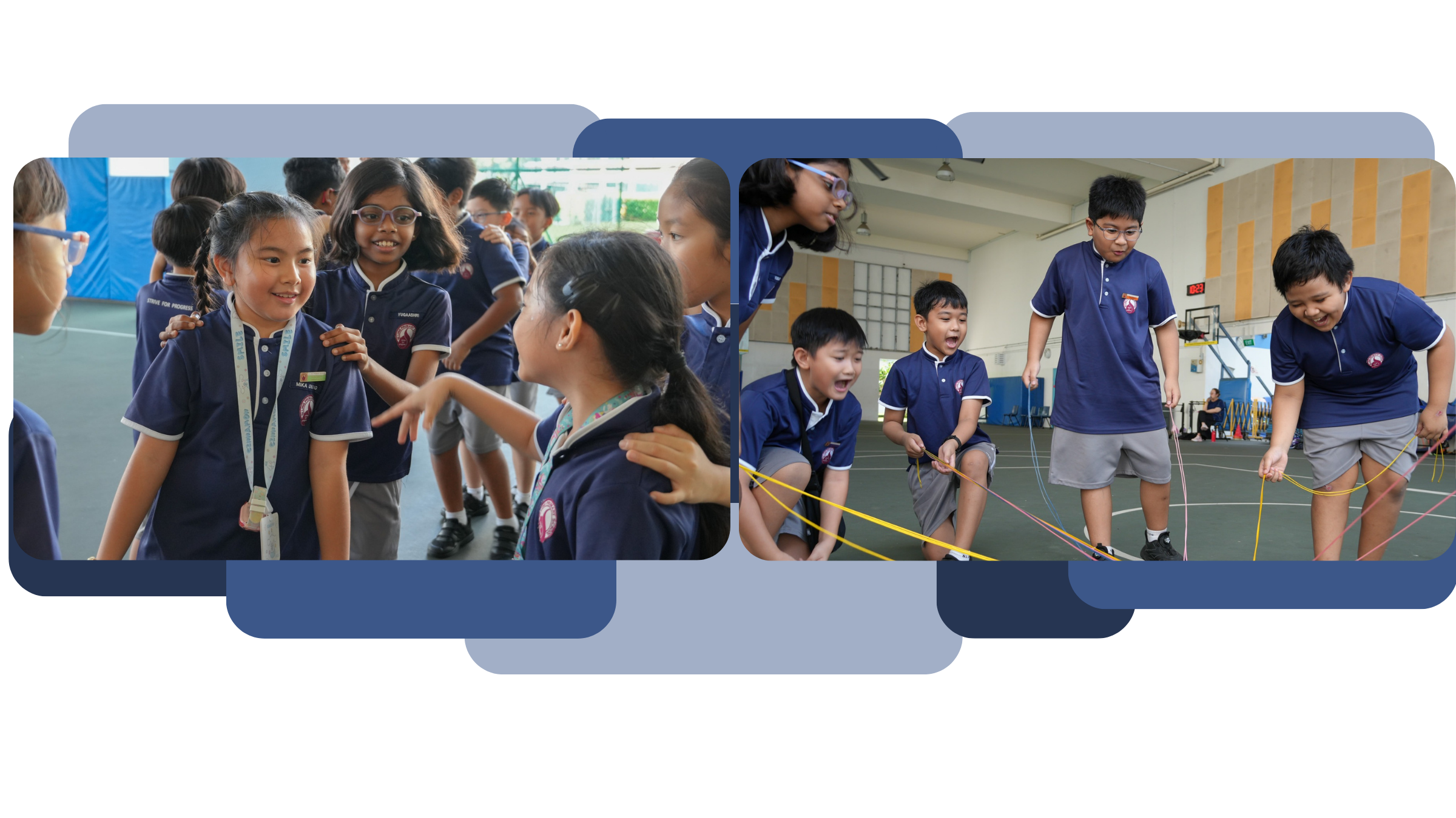 P3 students enjoying Friendship Camp activities, with a group of smiling students interacting and placing hands on each other's shoulders outdoors, and another group excitedly working together on a colourful string team challenge in a gym.